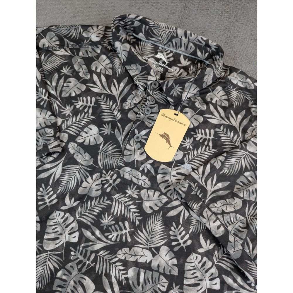 NWT Tommy Bahama Polo Shirt Mens XXL Black Gray Tread Tropical Leaf AOP Print